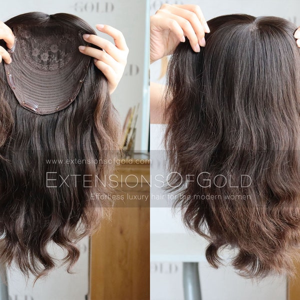 Affordable Human Hair Topper 7x8" Hand Tied Silk Top Wefted Topper Pre-Styled Natural Brown Black 12" 130% Density Real Human Hair Topper