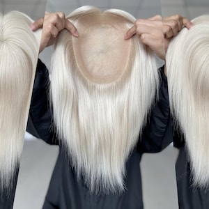 Clipless Hair Topper 6x7&quot; Fine Mono Base Topper White Blonde Short Hair 8&quot; 160% Heavy Density Premium Real Human Hair Topper for Hair Loss