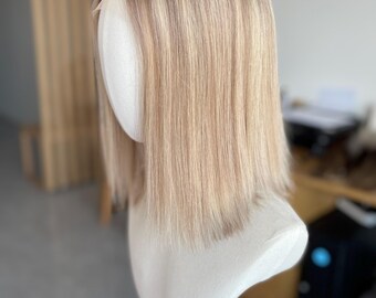 Lyxiga 14" Lace Front Peruker Ljus Askblond Balayage Hår Spets Topp Fri Avsked Naturlig Hårlinje 130% Täthet Premium Äkta Hår Peruker