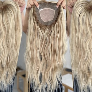 Clipless Hair Topper 7x7&quot; Silk Base Multi-Directional Parting 18&quot; Light Blonde Balayage Hair 150% Density Premium Real Human Hair Topper