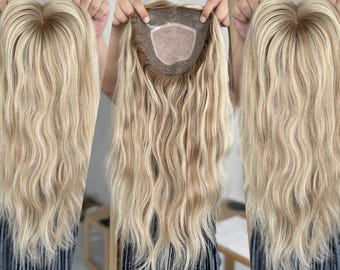 Clipless Hair Topper 7x7&quot; Silk Base Multi-Directional Parting 18&quot; Light Blonde Balayage Hair 150% Density Premium Real Human Hair Topper