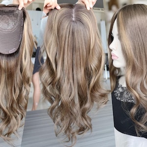Hair Topper 7x8&quot; Silk Top Wefted Base Multi-Directional Parting 18&quot; Medium Brown Highlights Hair 130% Density Premium Real Human Hair Topper