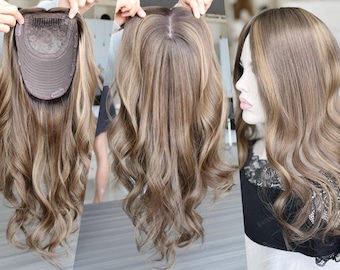 Hair Topper 7x8&quot; Silk Top Wefted Base Multi-Directional Parting 18&quot; Medium Brown Highlights Hair 130% Density Premium Real Human Hair Topper