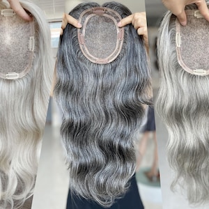 ソルト&ペッパー グレーブロンド ヘアトッパー 5x6.5インチ モノベースフリー 多方向分け 長さ16インチ 150%密度 プレミアム リアルヒューマンヘアトッパー