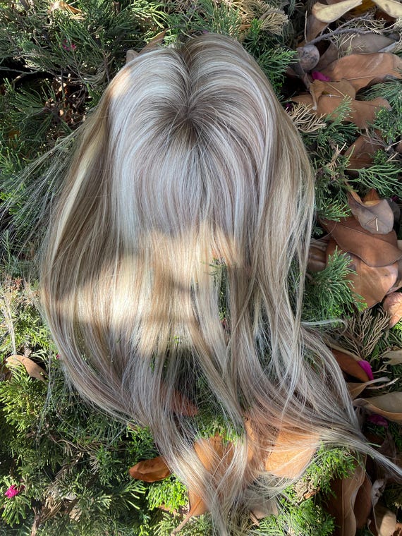 Human hair blend ash golded blonde natural straight top topper hair ex… Straight Topper Hair Piece for Women - Perfect Locks main image 4