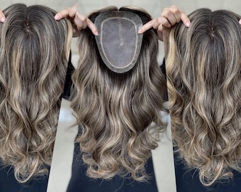 Clipless Hair Topper 6x8&quot; Fine Mono Base Topper 14&quot; Highlights Dark Brown Hair 150% Density Premium Real Human Hair Topper for Hair Loss
