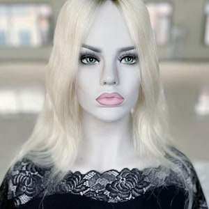 Human Hair Topper 5x6.5&quot; Mono Base White Blonde with Dark Roots 16&quot; Layer Length 150% Heavy Density Free Part Premium Real Human Hair Topper
