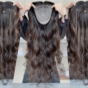 Clipless Hair Topper 7x8&quot; Fine Mono Base Topper 24&quot; Dark Brown Highlights Hair 150% Density Premium Real Human Hair Topper for Hair Loss