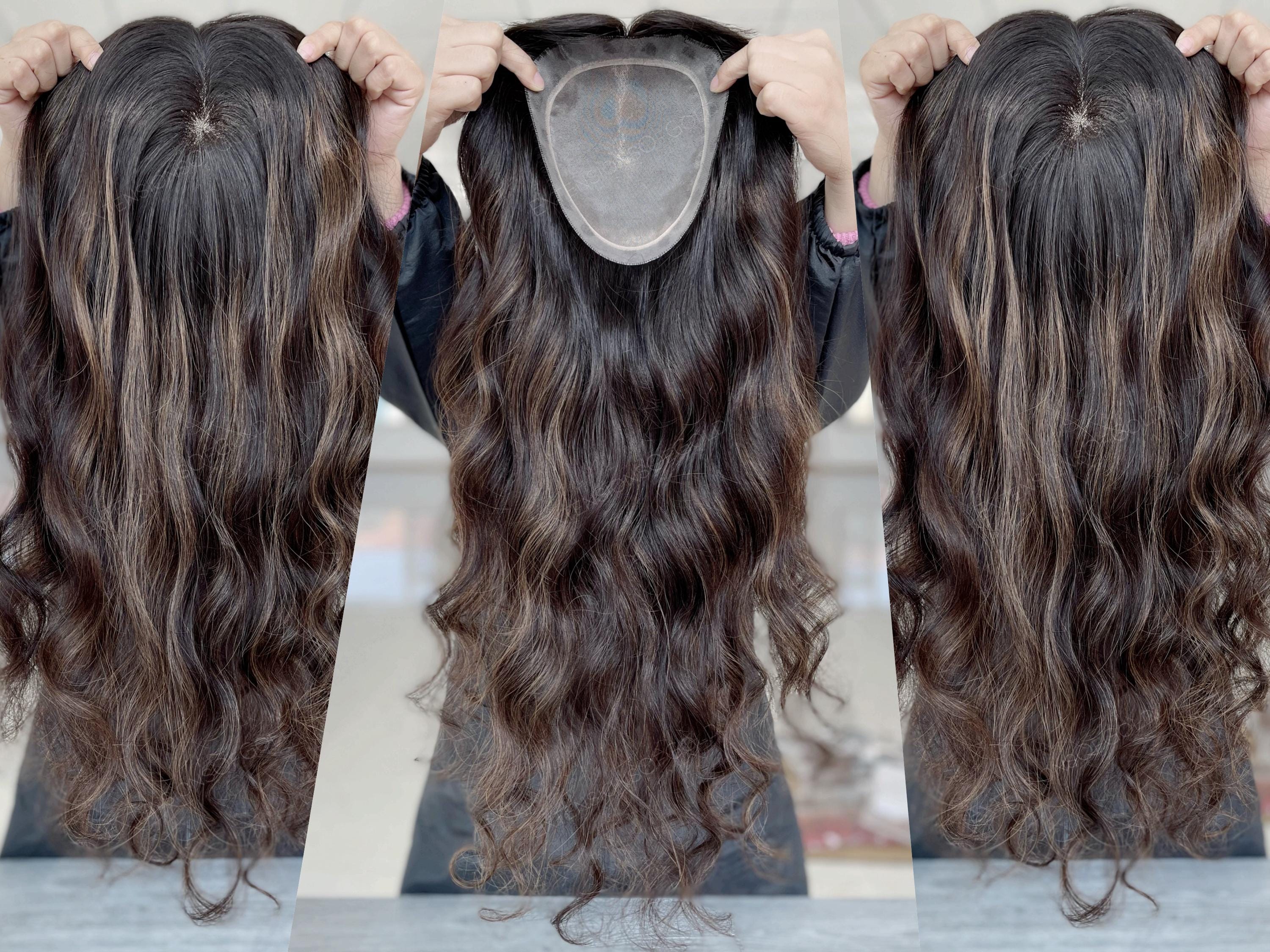 Clipless Hair Topper 7x8" Fine Mono Base Topper 24" Dark Brown Highlights Hair 150% Density Premium Real Human Hair Topper for Hair Loss