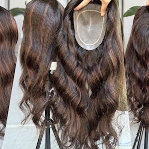 Clipless Hair Topper 24&quot; Dark Brown Caramel Highlights Hair Topper 6x7&quot; Mono Base Pre-styled 160% Density Premium Real Human Hair Topper