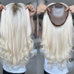 Luxury Hair Topper 7x8&quot; Silk Top Wefted Base Pre-styled 18&quot; Soft Roots Light Blonde 130% Density Slight Wave Premium Real Hair Topper