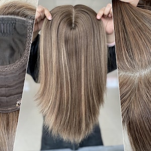 Puede incluir: Un topper de cabello humano castaño y rubio con clips. El topper está diseñado para agregar volumen y longitud a la coronilla de la cabeza. El topper se muestra desde la parte posterior, frontal y lateral.