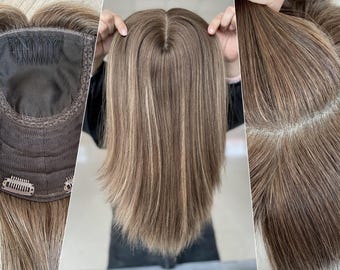 Luxury Hair Topper 7x8&quot; Silk Top Wefted Base Topper Pre-styled 16&quot; Medium Brown Dimensional Hair 130% Density Premium Real Human Hair Topper