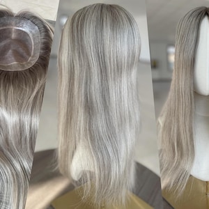 Clipless Hair Topper 6x6.5&quot; Fine Mono Base Topper 16-18&quot; Light Ash Blonde Hair 140% Density Premium Real Human Hair Topper for Hair Loss