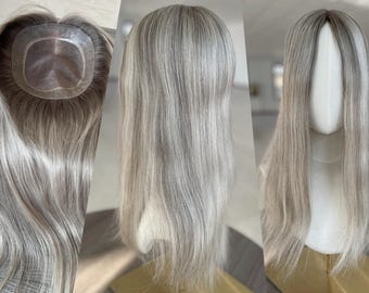Clipless Hair Topper 6x6.5&quot; Fine Mono Base Topper 16-18&quot; Light Ash Blonde Hair 140% Density Premium Real Human Hair Topper for Hair Loss