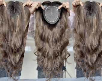 Clipless Hair Topper 6x7&quot; Fine Mono Base Topper 22&quot; Medium Brown Dimensional Hair 160% Density Premium Real Human Hair Topper for Hair Loss