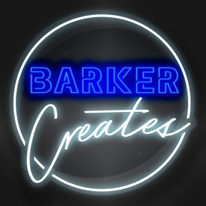 May include: A white neon sign with a black background. The sign says "BARKER Creates" in blue neon letters.