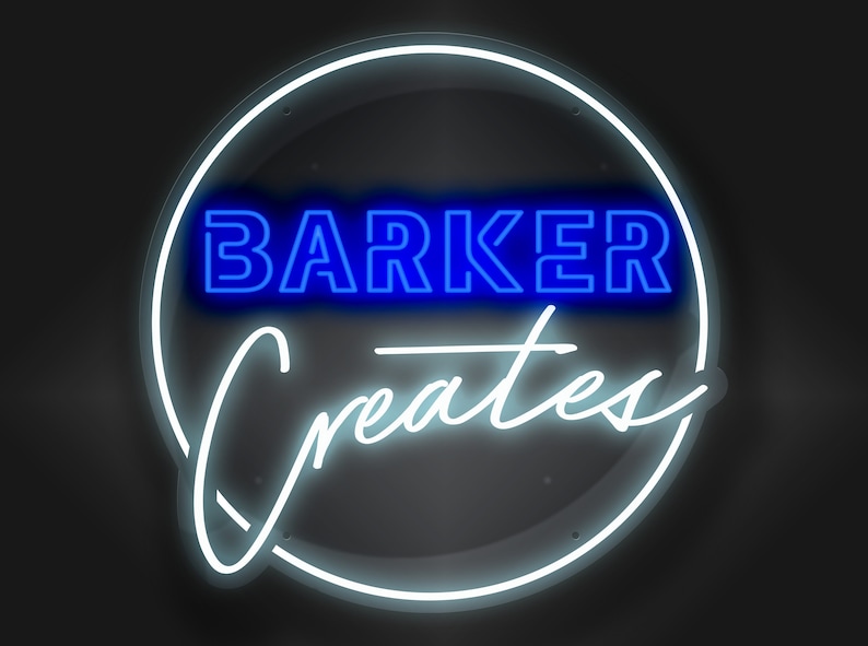 May include: A white neon sign with a black background. The sign says "BARKER Creates" in blue neon letters.