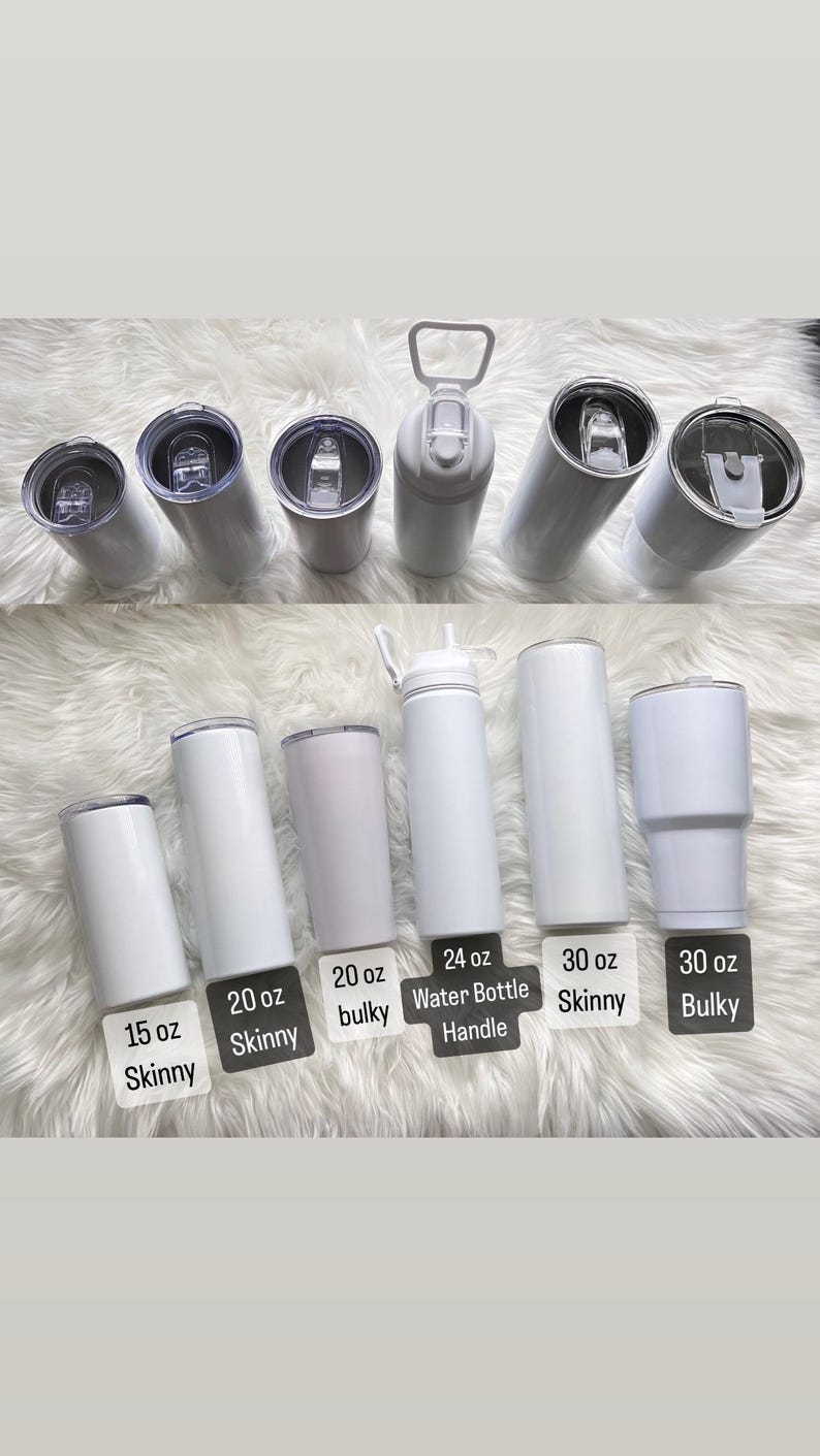 May include: An assortment of white insulated tumblers and water bottles in various sizes, including 15 oz, 20 oz, 24 oz, and 30 oz. Styles include skinny and bulky designs, with lids and handles visible. The products are displayed on a fluffy white surface.