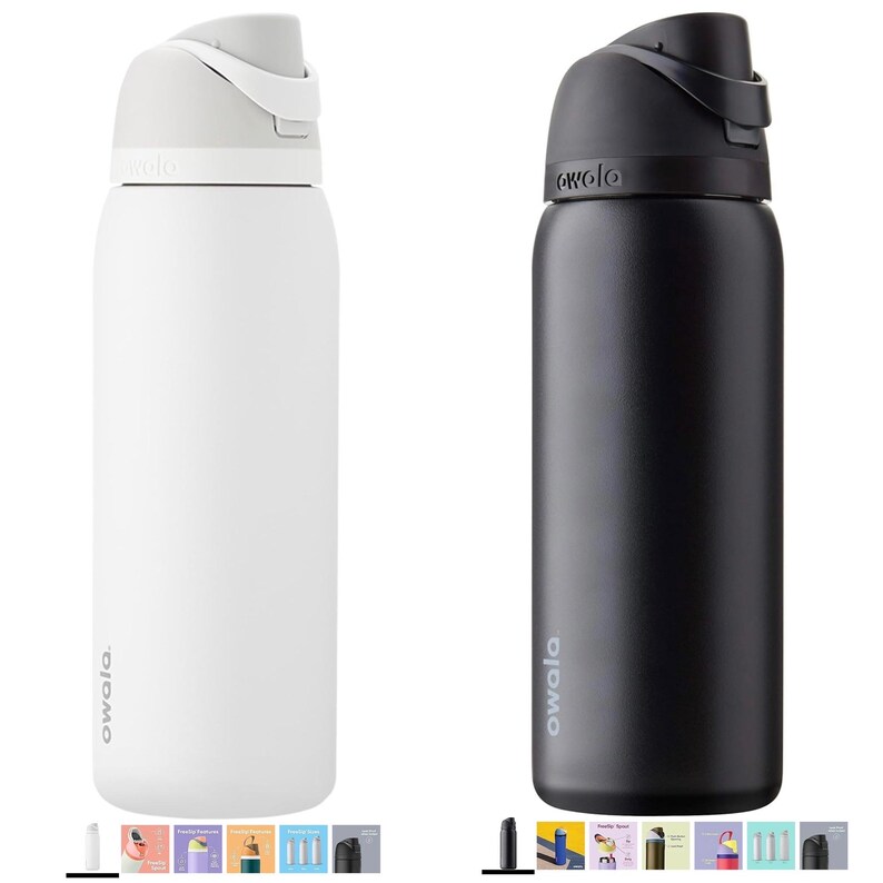 May include: Two insulated water bottles, one white and one black, with flip-top lids. The white bottle has a gray lid, and the black bottle has a black lid. Both bottles have the brand name "owala" printed on the side.