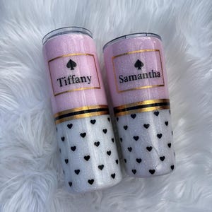 Girly Tumbler, Light pink glitter, white glitter, ombré tumbler, Customized, personalized tumbler, glitter tumbler, black hearts
