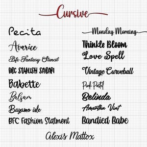 May include: A collection of various cursive fonts in black, displayed on a grid background. The fonts include names like "Pecita", "Avarice", "Thinkle Bloom", and "Love Spell". A burgundy cursive word "Cursive" is at the top.