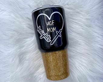 Vaso brillante para mamás universitarias / Vaso negro y dorado para el día del partido / Vasos inspirados en la universidad