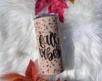 Fall Vibes Glitter Tumbler: Customizable Autumn Leaves Coffee Cup