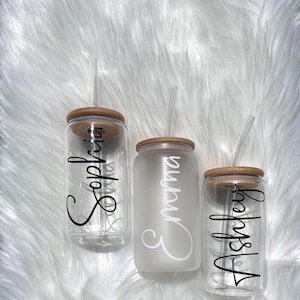 Custom Name Coffee Glass cups with bamboo lid and glass straw- Personalized Name Glass Tumbler