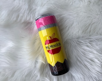 Vaso térmico con forma de lápiz y purpurina hecho a mano / Regalo de agradecimiento para profesores, recipiente para bebidas con aislamiento térmico