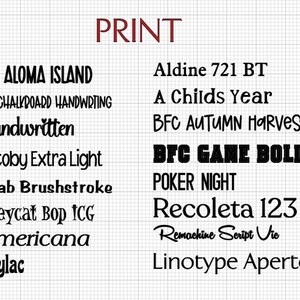 May include: A grid background with the word "PRINT" in maroon at the top. Below are various font names in black, including "BFC ALOMA ISLAND", "Handwritten", "Americana", and "Recoleta 123".
