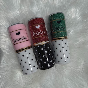 Ombré Glitter Tumbler: Personalized Stainless Steel Cup with Black Hearts- Kate spade inspired tumbler- girly - pink - customized cup