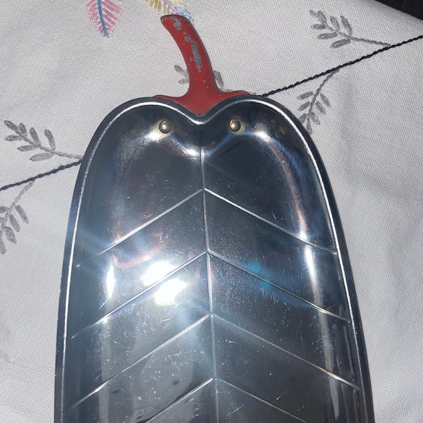 MCM Chrome Leaf-Shaped Serving Tray with Red Handle