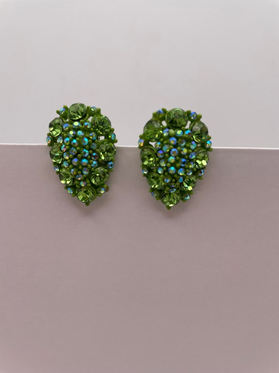 Green Rhinestone Clip On Earrings