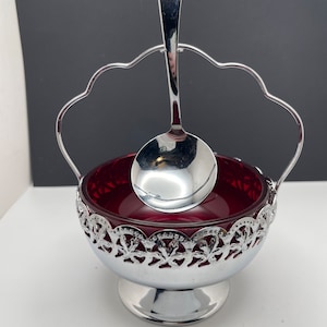 Ruby Red Glass Sugar/ Jelly Bowl with Metal Filigree Basket and Hanging Spoon
