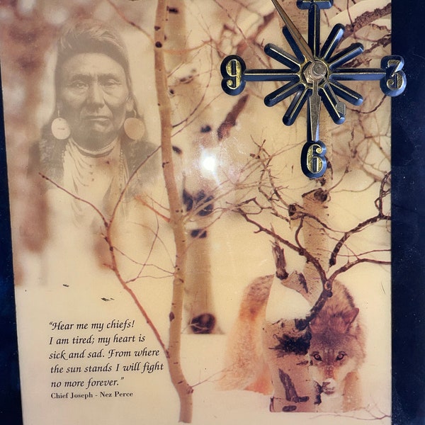 Chief Joseph Wooden Clear Varnish Clock AS IS