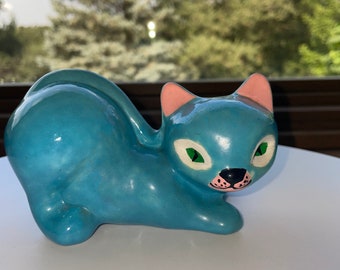 Vintage turquoise ceramic cat figurine