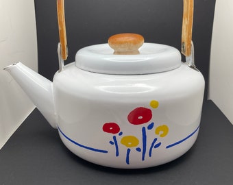 Vintage Floral Enamel Tea Pot with Wooden Handle