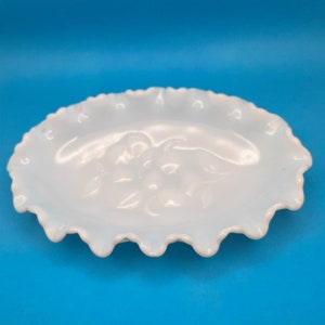 Vintage White Milk  Glass Floral Pattern Ruffled Dish