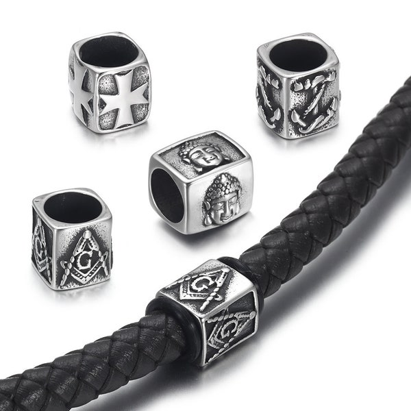 5 Stück Edelstahl Großloch Perlen für 8mm Armbänder Herstellung, Punk Wikinger Gemustert, Haar Bart Paracord Schlüsselbänder Messer Perlen Zubehör