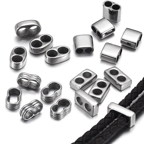 10pcs Double Hole Stainless Steel Beads for Leather Bracelet,Spacer Slide Beads DIY Matel Positioning Accessories for Jewelry Making Finding