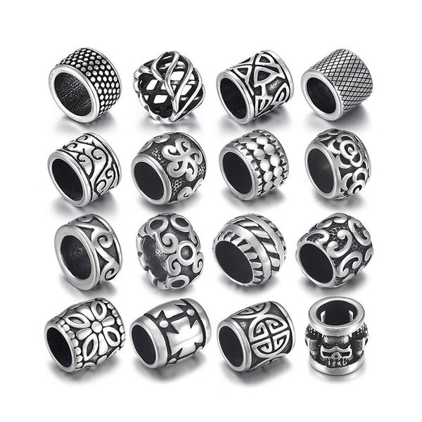 5 pièces en acier inoxydable à motifs punk pour bracelets en cuir de 8 mm, grand trou, cheveux barbe lanières en paracorde perles de couteau accessoires Matel