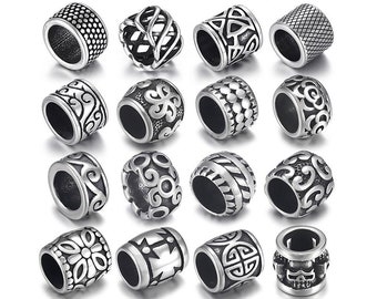 5pcs Stainless Steel Punk Patterned Beads for 8mm Leather Bracelets , Large Hole ,Hair Beard Paracord Lanyards Knife Beads Matel Accessories