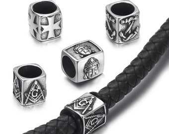 5 Stück Edelstahl Großloch Perlen für 8mm Armbänder Herstellung, Punk Wikinger Gemustert, Haar Bart Paracord Schlüsselbänder Messer Perlen Zubehör