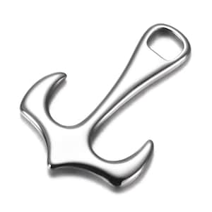 May include: A polished silver bottle opener with an unusual anchor-inspired design. It has a curved hook shape at one end and a circular opening for leverage at the other. The metal has a reflective, shiny surface.
