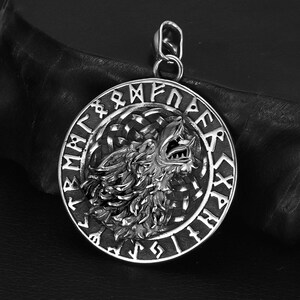 Viking Vicious Wolf Head with Runes Stainless Steel Pendant