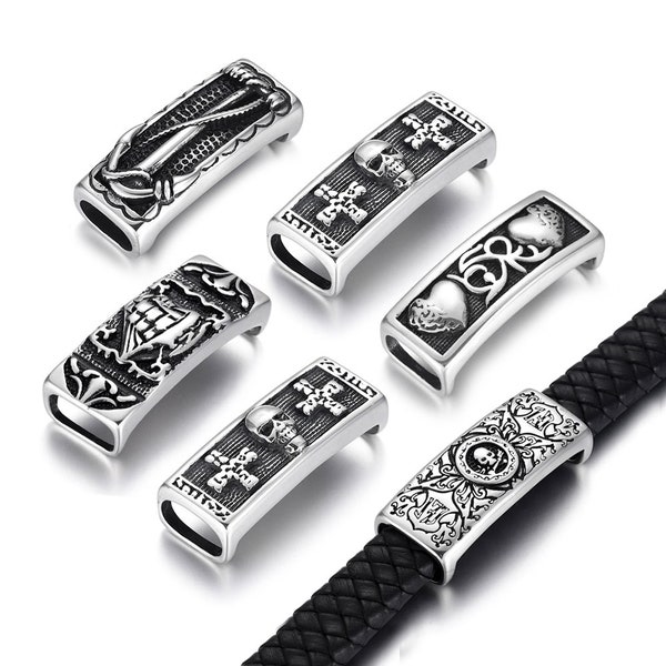 Stainless Steel Patterned Slide Beads Charms Fit 12x6mm Leather Bracelet , Jewelry Making Findings , Punk Slider Bead , Bracelet Components