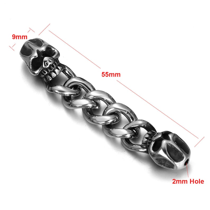 May include: A silver skull charm with a 2 mm hole. The charm is 55 mm long and 9 mm wide. The charm is made of stainless steel and has a detailed skull design.