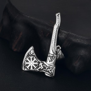 Stainless Steel Viking Axe Pendant with Helm of Awe, Aegishjalmur, Valknut