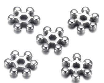 Shiny Silver Snowflake Stainless Steel Spacer Beads, 9x9x2mm, 1Pc.